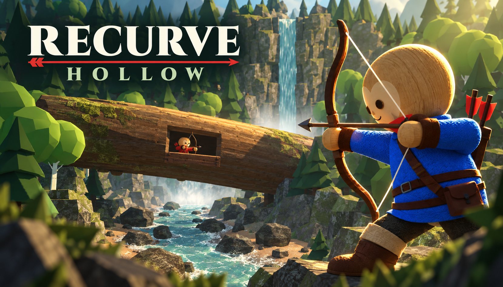 Recurve Hollow: a wooden archer draws a bow above a river gorge while another archer aims from a window in a fallen log